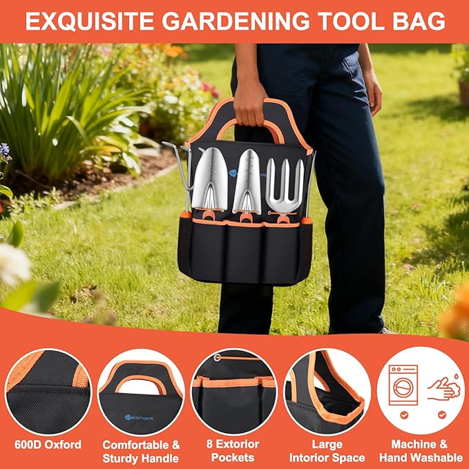 Yesker Gardening Tools 7-Piece Heavy Duty Garden Tool Set Gardening Supplies Gifts for Women Men Gardening Hand Tool Kit with Non-Slip Ergonomic Handle Garden Bag Pruning Shears Black Orange