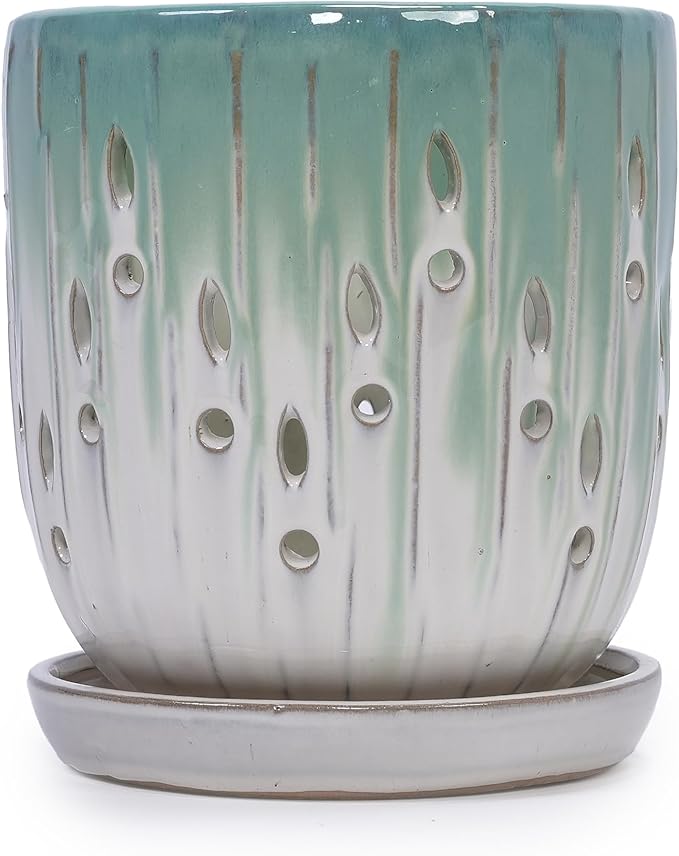 Handmade Green White Gradient Ceramic Planter Set (7.48×5.51 8.07×6.1) Indoor Outdoor Flower Pots for Orchids Succulents by Window Breathable Holes Lightweight