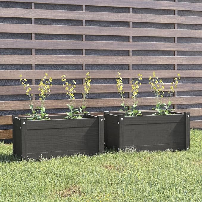Garden Planter Set of 2 Grey Solid Pinewood Medium 23.6x12.2 Inch Durable Rectangular Raised Garden Bed for Outdoor Plants