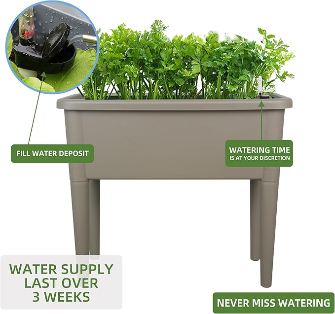 Dexceder 13.2 Gallon Self Watering Raised Garden Bed with Ventilation Transparent Lid Greenhouse Deepen Vegetable Flower Box Planter Pot with Removeble Legs&ampWater Level Indicator (Light Brown)