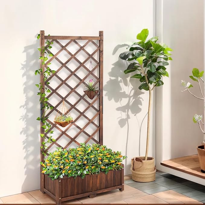 67 Outdoor Garden Flower Standing Planter BoxWood Planter Raised Garden Bed with TrellisIndoor Outdoor Flower BedVertical Flower Pot Standwith Drainage Holesfor Patio Porch Yard Balcony (Brown)