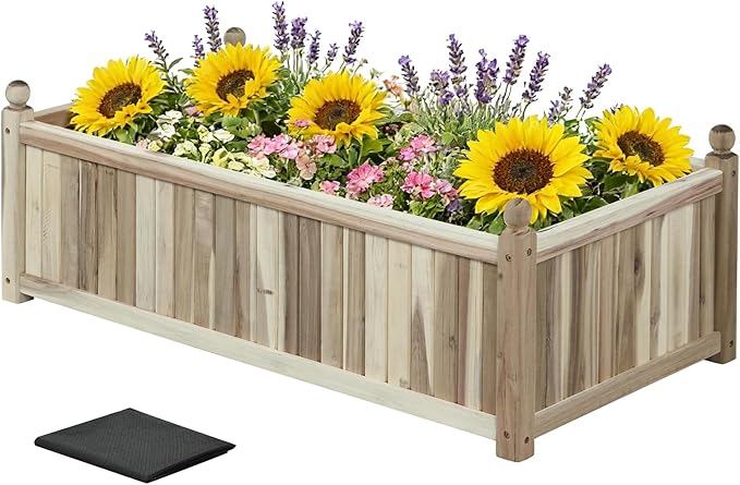 Wood Raised Garden Bed Rectangular Planter Box with Liner &amp Drainage Easy Assembly for Growing Vegetable Flower Herb Fruit Outdoor Planting Bed for Backyard Garden (1 44” x 23” x 16”)