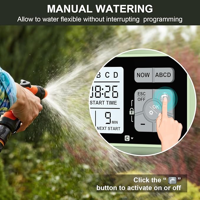 Watering Timer 4 Zone Sprinkler TimerProgrammable Garden Outdoor Hose Faucet Timer with Rain Delay/Manual/Automatic Watering SystemWater Hose Irrigation Timers 4 Outlet for Garden