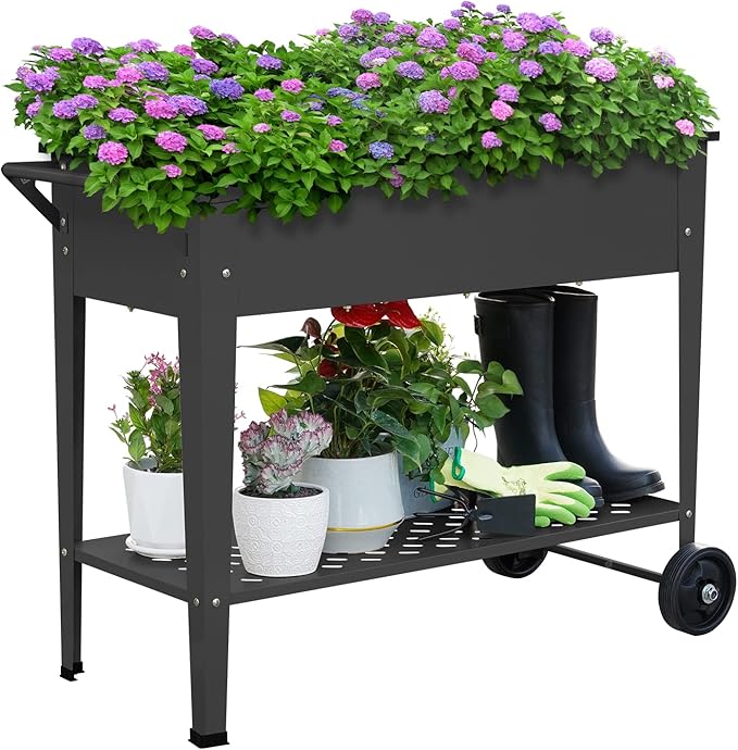 Raised Planter Box Outdoor with Legs Elevated Raised Garden Bed with Wheels Flower Boxes Outdoor Standing Planter for Vegetables Flowers Herbs PlantingBlack