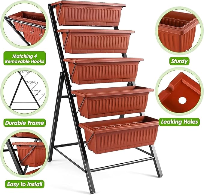 SEJOV 2 Pack Vertical Raised Garden Bed 5 Tiers Elevated Planter Box for Herbs Vegetables Flowers Graden Vertical Planter w/Drainage System for Patio Balcony Garden Outdoor Indoor Plants Dark Red