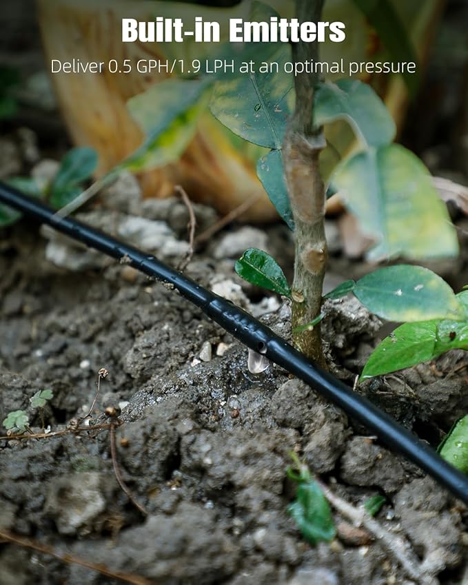Pawfly 100 ft 1/4 Drip Irrigation Tubing 1/4 Emitter Tubing with 6 Spacing Polyethylene Drip Line with 12 Parts Black Distribution Tubing for Drip Irrigation System Drip Irrigation Hose Roll