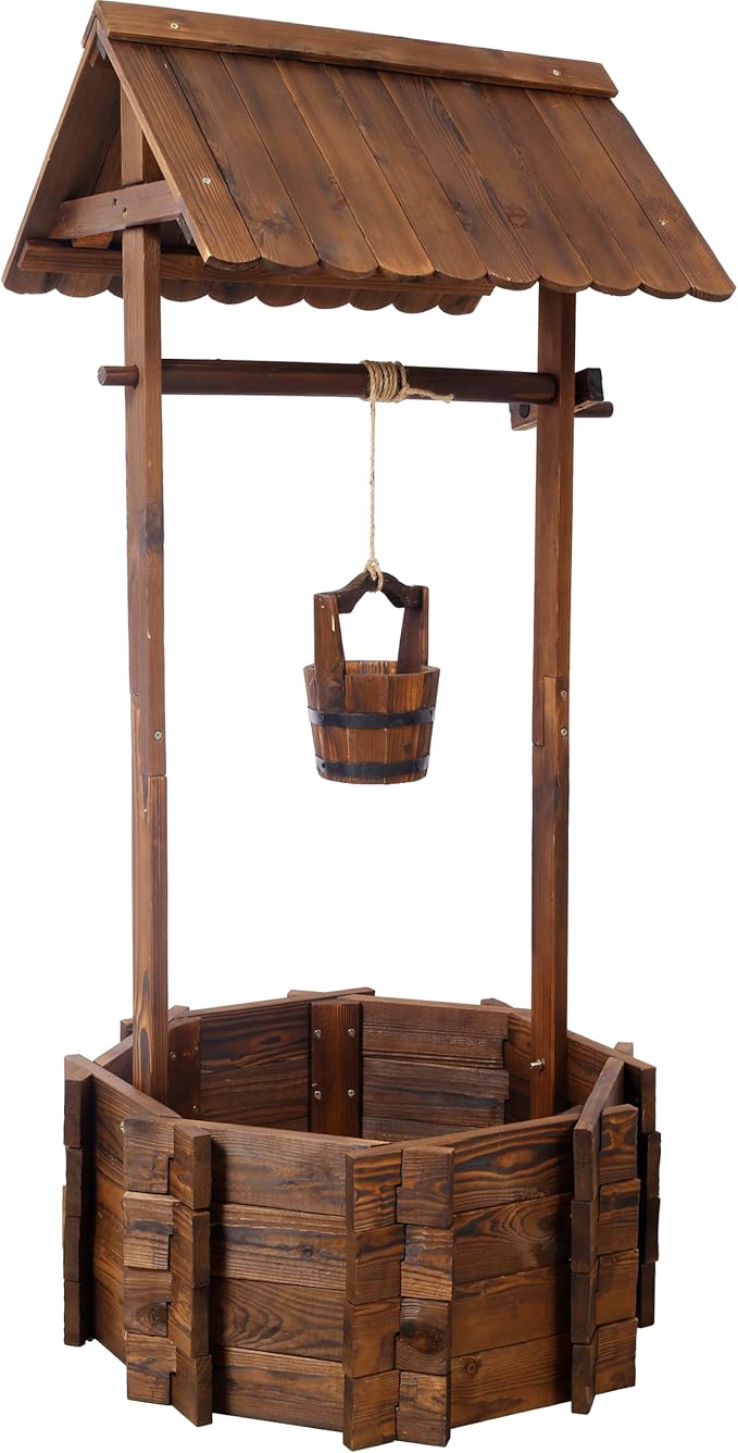Rustic Wooden Wishing Well Planter Outdoor Home Décor for Patio Garden Yard wHanging Bucket