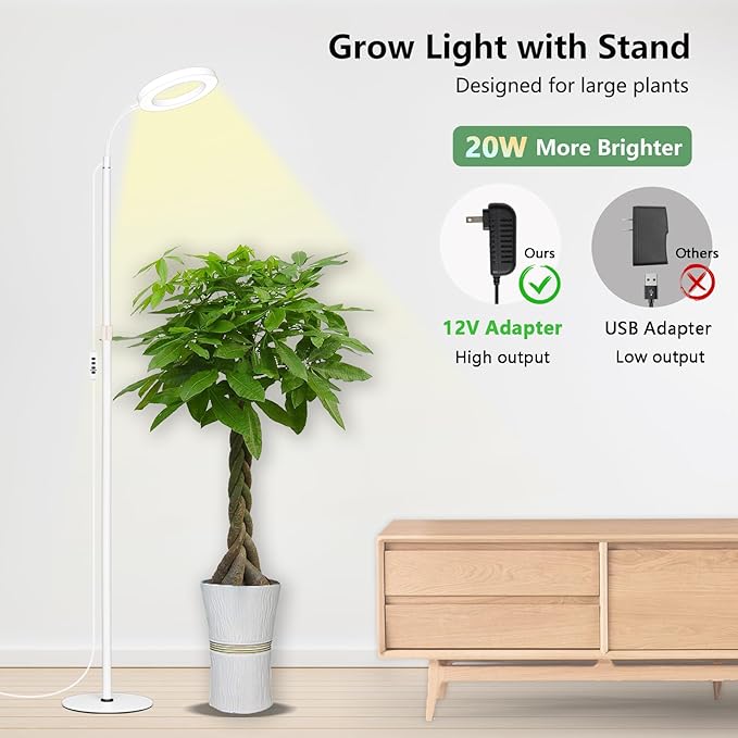 Grow Light for Indoor Plants Full Spectrum LED Halo Plant Lights with Stand Floor Standing Growing Lamp with Adjustable HeightAuto Timer for Tall Large Plant (20W-White)
