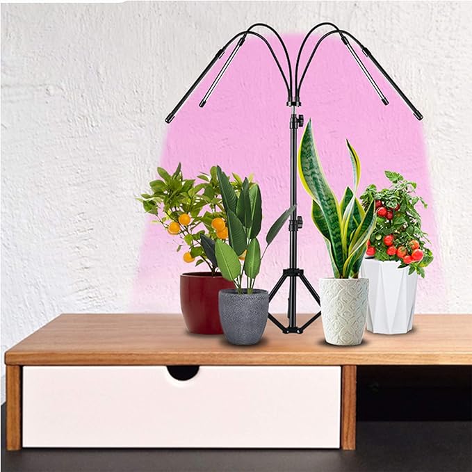 Grow Light with Stand for Indoor Plants 4-Head LED 80 LED Full Spectrum Floor Grow LampTiming 4/8/12H for Tall &amp Large Plants with RF Controller (Tripod Adjustable 25-59 Inch)