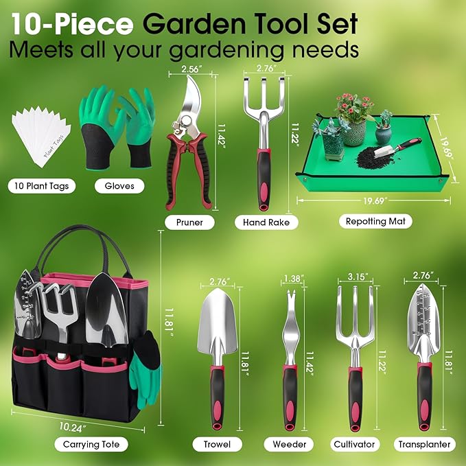 WOWBOX Garden Tools Set - 10 PCS Heavy Duty Gardening Hand Tools Kit with Storage Tote Rust-Resistant Gardening Supplies for Planting with Non-Slip Ergonomic Handle for Women and Men (Red)