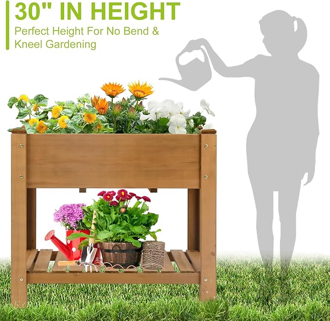 Raised Garden Bed with Legs - Elevated Wooden Planter Box Durable Fir Wood Reinforced Frame with Drainage Holes Liner and Storage Shelf for Vegetables Herbs Flowers 33.5 x 18 x 30