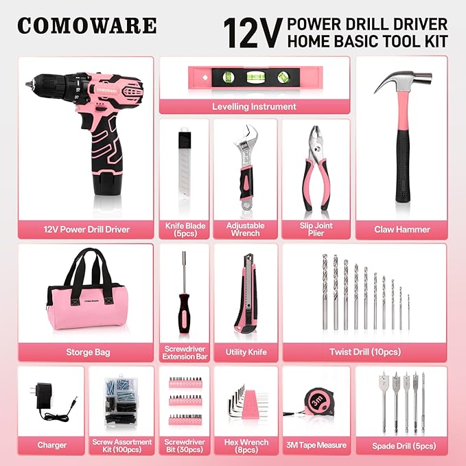 COMOWARE 12V Cordless Drill Set Pink Hand Tool Set with Cordless Drill Driver Complete Repair Tool Kit for Women Storage Bag Ideal for Office Garden Dorm and DIY Project
