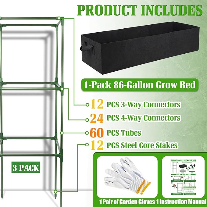 3-Pack Tomato Cage with 86 Gallon Raised Garden Bed - Anti Collapse Steel Core Plant Support System for Climbing Vegetables Plants Flowers 41 Adjustable Vertical Tomato Trellis for Garden Balcony