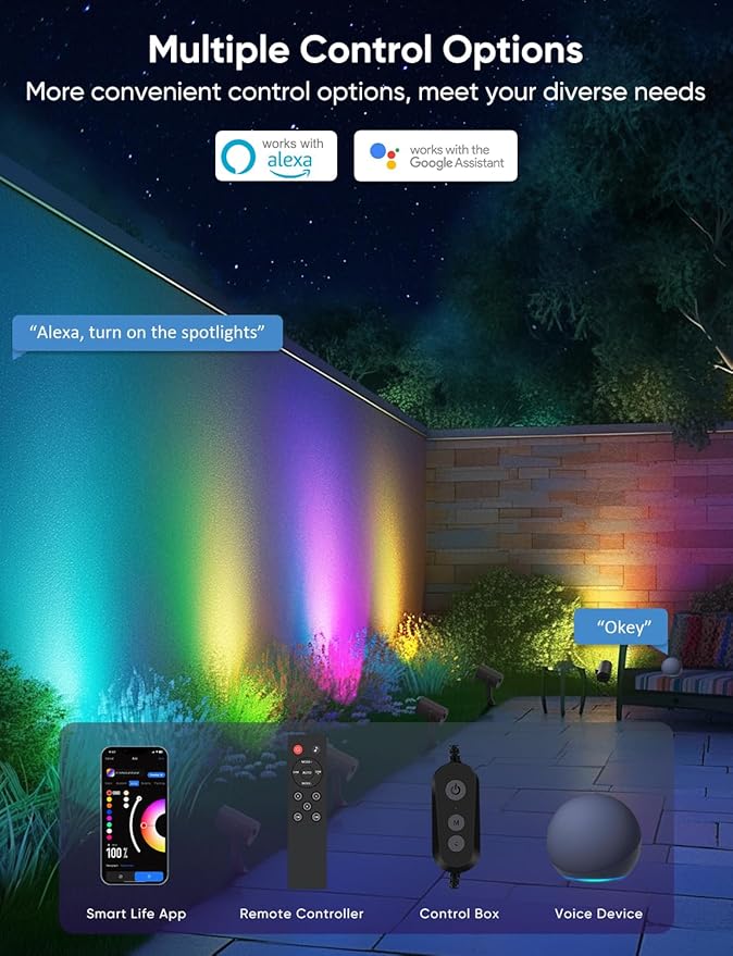 APPECK Smart Landscape Lighting Kit 36W RGBCW Smart Landscape Lights 6 Pack IP65 Waterproof Outdoor Spotlights Alexa/Google Assistant Compatible for Garden Pathway Yard Holiday Decor