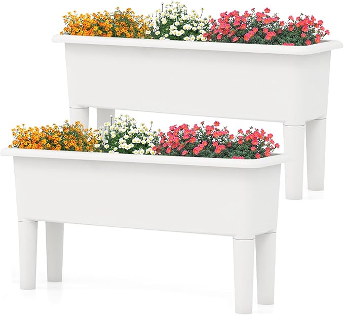 MAT EXPERT Raised Garden Bed Set of 2 Outdoor Planter Bed with Removable Legs &amp Drainage Holes for Herbs Flowers Fruit Planter Box for Patio Garden Backyard &amp Patio (Greyish-White)