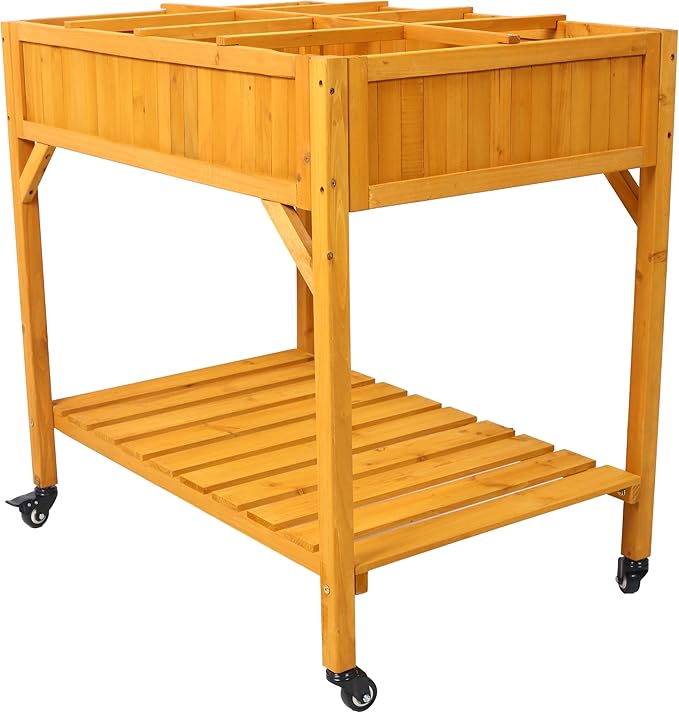 Elevated 8 Pocket Herb Garden Bed Mobile Raised Customizable Wood Planter for Herbs Vegetables Flowers w Lockable Wheels Storage Shelf Drainage Holes