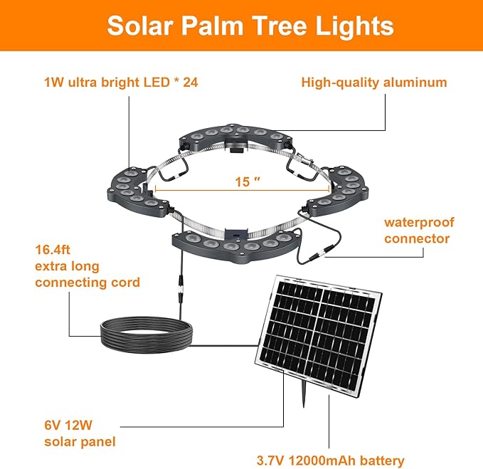 Solar Palm Tree Lights Outdoor Warm Light 3000K Solar Spotlights for Plam Trees 12000 mAh Batteries Solar Powered LED Ring Tree Lights up to 12+ Hours for Outside House Garden Landscape Large Trees