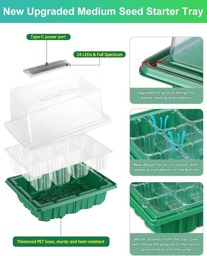 3-Pack Seed Starter Trays with Heat Mat Seed Starter Kit with Grow Lights 36 Large Cells Seed Germination Kit with Adjustable Humidity Vents for Indoor Plants Seeds Starting Ideal Gardening Gifts