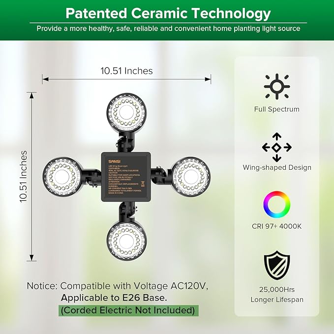 SANSI Folding Wings Grow Light for Indoor Plants Full Spectrum with Remote Control Dimmable Auto On Off 4 8 12 Hrs Timer 40W (400 Watt Equiv) with Optical Lens for Indoor Greenhouse E26 Base