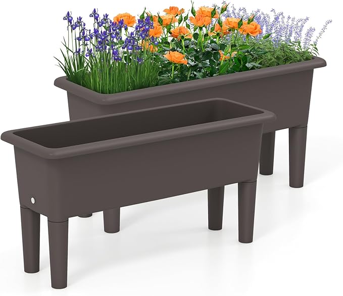 2 Pcs Raised Planter Bed Elevated Planter Boxes with Removable Legs Plastic Planter Bed for Gardening Backyard &amp Deck (Coffee)