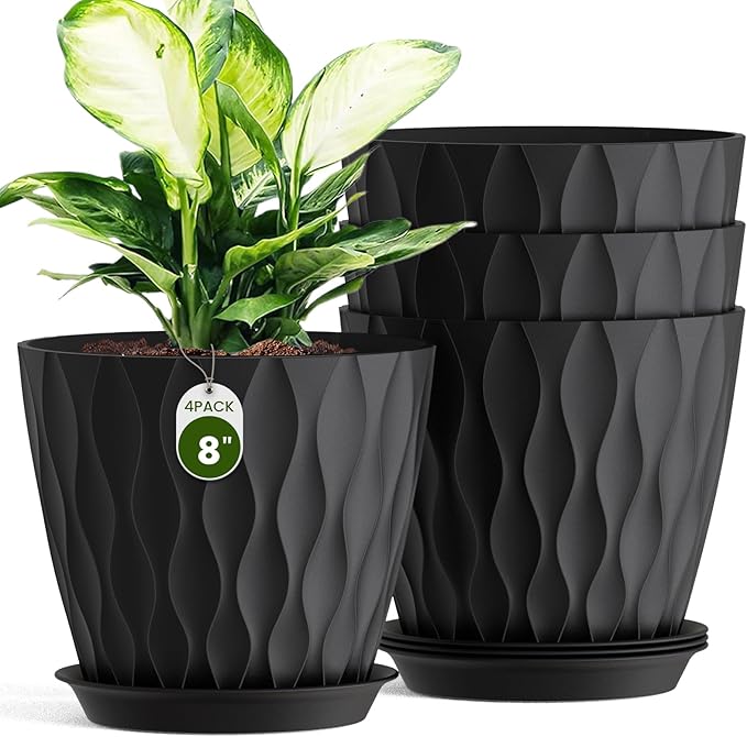 8 Inch Plant Pots with Saucers (4 Pack) - Modern Ribbed Flower Pots for Indoor Plants - Sturdy Decorative Planters for Snake Plant &amp Flowers - Drainage Holes (4 Black)