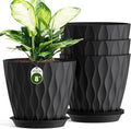 8 Inch Plant Pots with Saucers (4 Pack) - Modern Ribbed Flower Pots for Indoor Plants - Sturdy Decorative Planters for Snake Plant &amp Flowers - Drainage Holes (4 Black)