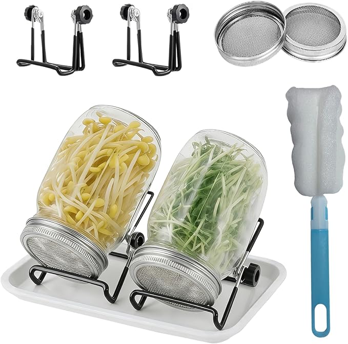Seed Sprouting Kit 2 Large 1000ML Wide Mouth Mason Jars with Sprout Lids Drain Tray Stainless Steel Stand Cleaning Brush Sprouts Growing Kit for Sprouts Bean Broccoli