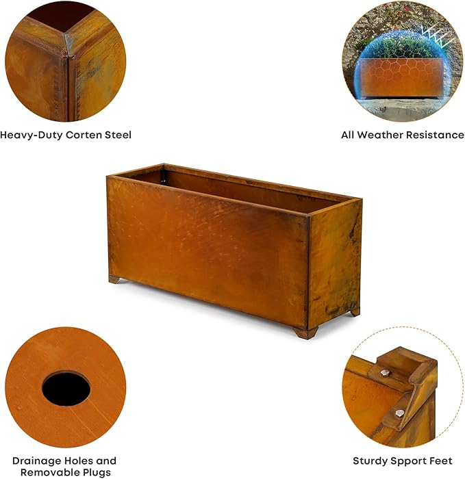 Stanbroil Corten Steel Planter Box for Outdoor Patio - 36 X12 X16 Inch Large Rectangular Metal Planter Box with Natural Rusty and Drainage Holes for Raising Flower Plants