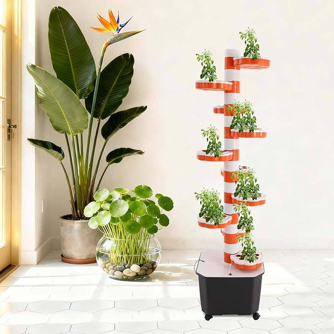 10 Tier 80 Hole Hydroponic Grow Tower with Water Pump &amp Timer Indoor Vertical Garden System with 5 Wheels for Lettuce Herbs Strawberries Home Hydroponics Planting Kit with 12 Gal Tank