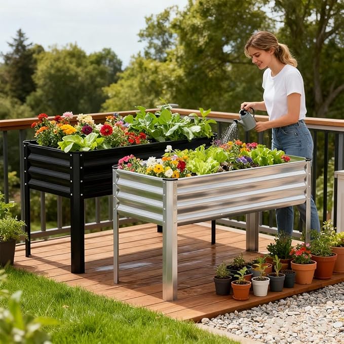 COMHOMA 2 Pack Raised Garden Bed with Legs 4x2x2.5ftLarge Elevated Galvanized Metal Planter Box with Drainage HolesOutdoor Growing Kit with Gloves Tools for Backyard Patio LawnSliver
