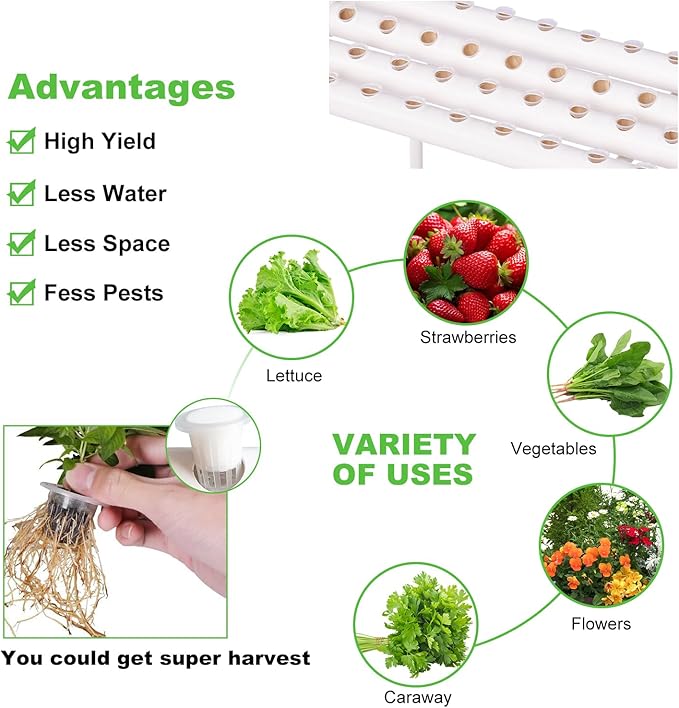 Hydroponics Growing System Kit 108 Plant Sites3 Layers 12 40 Long Food-Grade PVC-U PipesOutdoor Hydroponics Growing System with Water PumpTimerNest Basket and Sponge for Leafy Vegetables