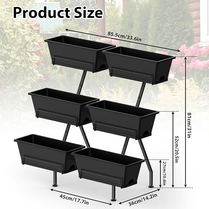Sunexinlo 3-Tier Vertical Garden Planter with 6 Boxes 31 Tall Raised Garden Bed with Adjustable Feet for Herbs Flowers Vegetables Ideal for Indoor Outdoor Patio Balcony Deck Use Black