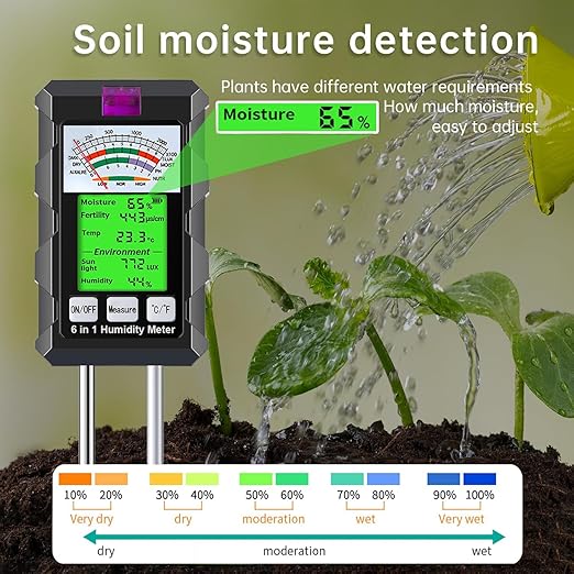 6-in-1 Soil Moisture Meter Hygrometer for Plants with Soil Moisture PH Meter Temperature Sunlight Fertility Environmental for Farming Gardening (2*AAA Battery Needed)