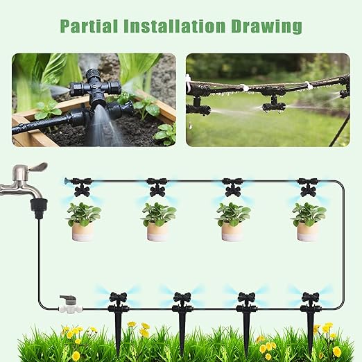 50FT Drip Irrigation System Kit Automatic Garden Watering System with 1/4 Drip Tubing &amp Quick Connect Fittings Adjustable Mist and Linear Columnar Modes for Greenhouse Raised Garden Beds Lawn