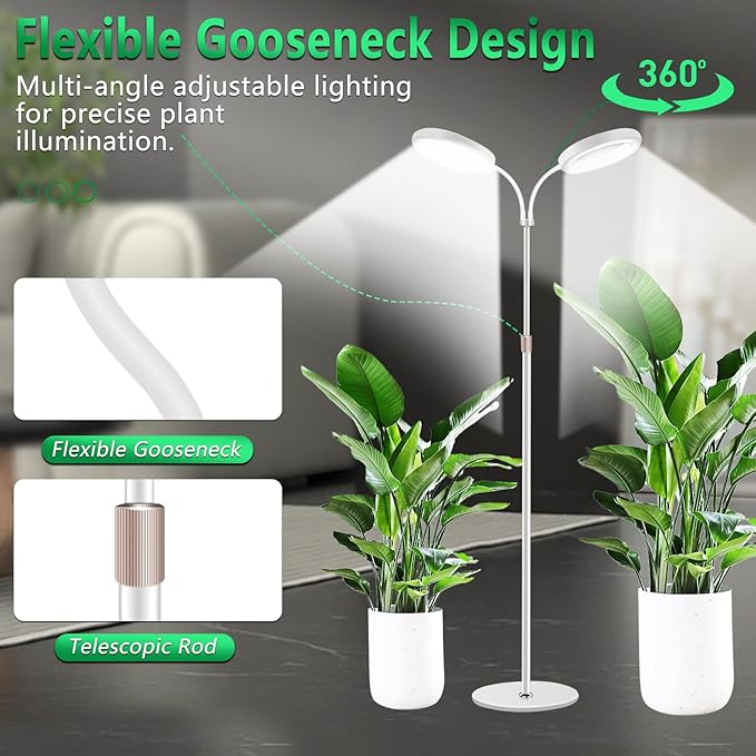 Floor Grow Lights for Indoor Full Spectrum Plant Lighting with Adjustable 68 Stand for Growing Large Tall Plants 3/9/12H Timer3 Light Modes 2Heads