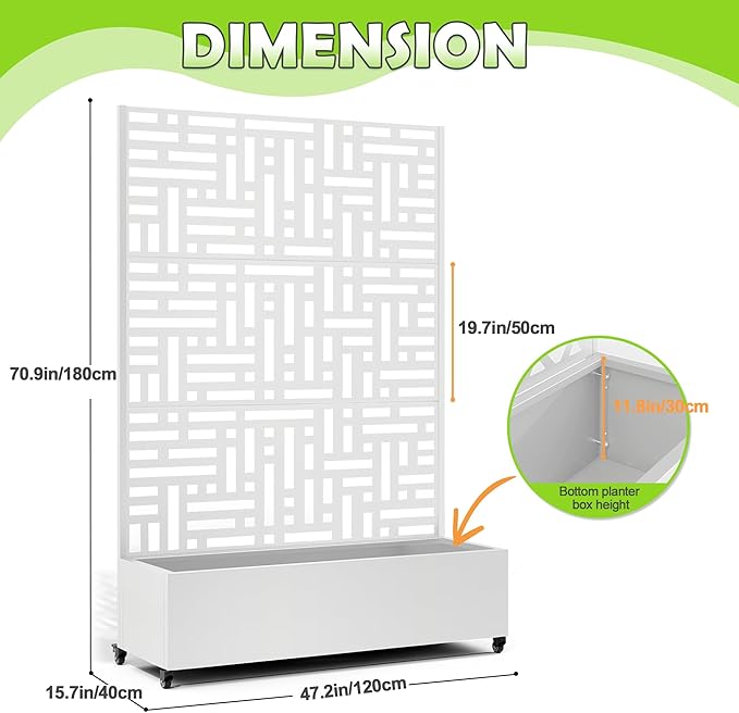 15.7×70.9×47.2 Metal Raised Garden Bed with Trellis and Wheels - Tall Trellis Planter Box for Climbing Plants Vegetables &amp Vines - Outdoor Privacy Planters for Patio (White-Helen)