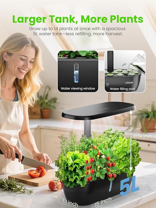 litokam Hydroponics Growing System Kit 15-Pod Indoor Herb Garden Planter with 24W Grow Light &amp APP Control Indoor Gardening System with 2 Grow Modes Quiet Pump &amp 24H Timer