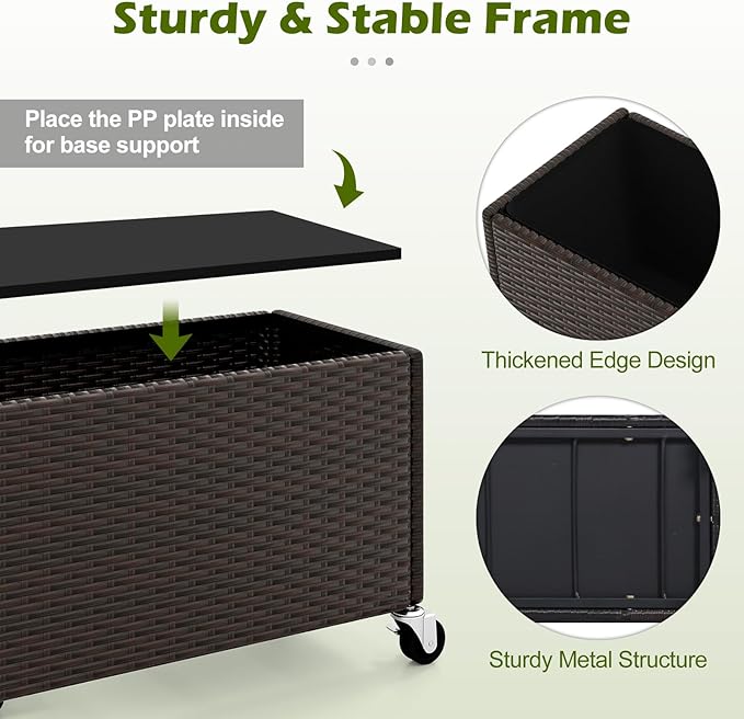 Giantex Wicker Raised Garden Bed with Wheels 38”x12”x14” Rectangular Garden Planter Box w/PE Rattan Liner Fabric Wicker Patio Elevated Raised Bed for Vegetable Flower Herb Porch Balcony