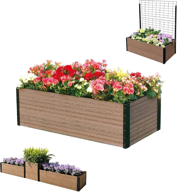 Everbloom Modular Wallside Wood Plastic Composite Raised Garden Bed with Open Bottom 45” L x 24” W x 14” H-Revitalize Your Green Space with The Ultimate Yard Planters for Veggies Flowers&ampHerbs