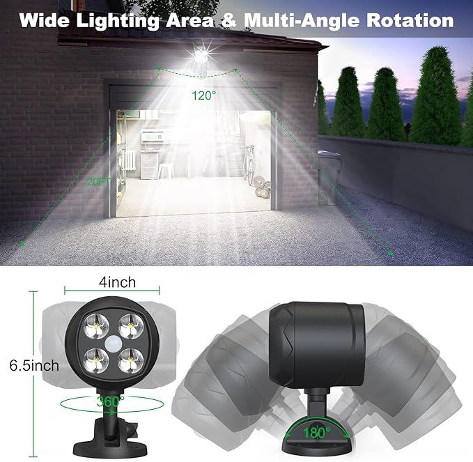 Motion Sensor Outdoor Lights Battery Motion Sensor Light Outdoor 6000K LED Spotlight Outdoor 8W 600 LM Security Lights for Outside Garage and Yard 2 Packs