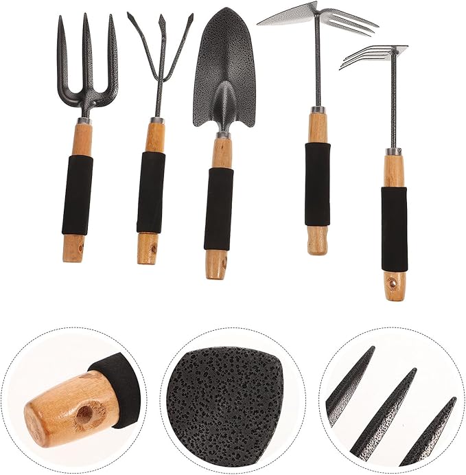 5pcs Ergonomic Gardening Tool Set with Garden Shovels and Rake Includes Storage Rack for Outdoor Planting and Lawn Care
