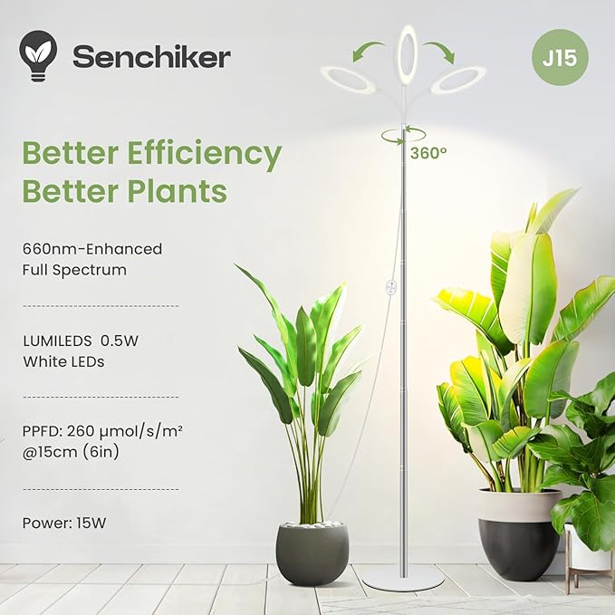 Grow Lights for Indoor Plants 24V 660nm-Enhanced Full Spectrum LUMILEDS LED Plant Light 6.3in Grow lamp with Timer &amp Dimming Adjustable Height 14-59in 15W 260μmol/s/m²@15cm(6in) J15-W