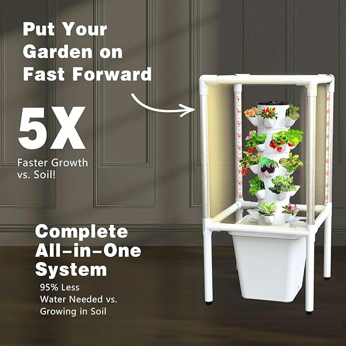 Smart Garden Planter Garden Hydroponics Growing System 30 Pods Plant Germination Kit Hydroponics Tower with LED Grow Light Aeroponics Growing Kit with Hydrating Pump Adapter Net Pots Timer