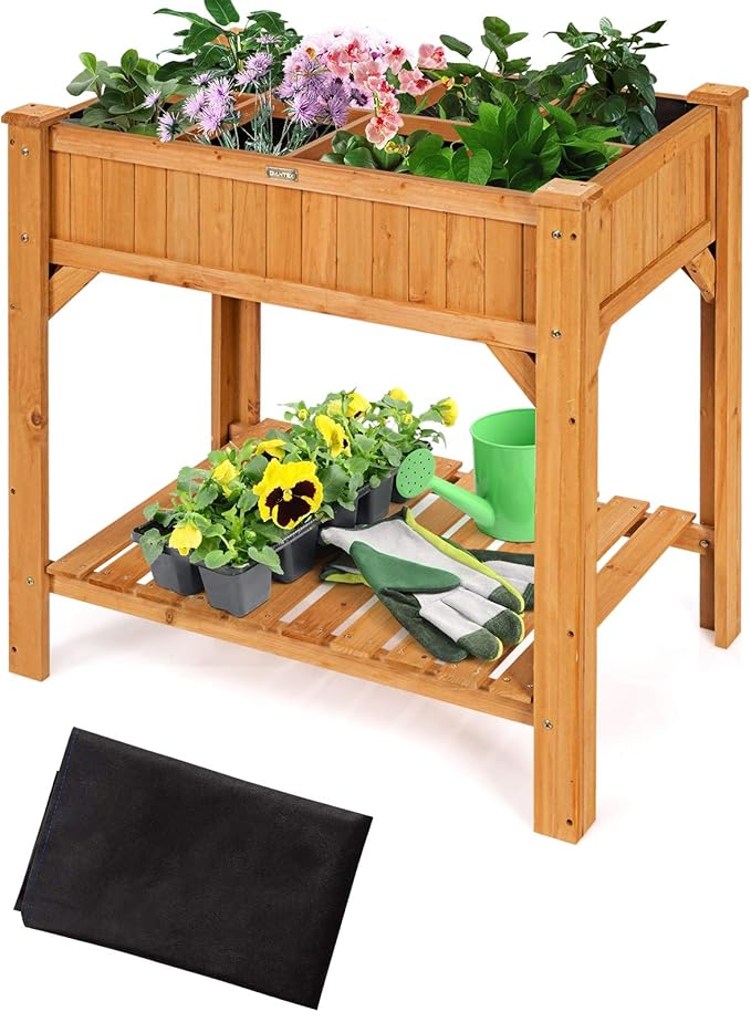 Giantex Raised Garden Bed Elevated Planter Box Kit with 8 Grids &amp Liner for Herbs Vegetables Flowers Outdoor Solid Fir Wood Planting Container with Legs &amp Storage Shelf for Backyard Patio (N