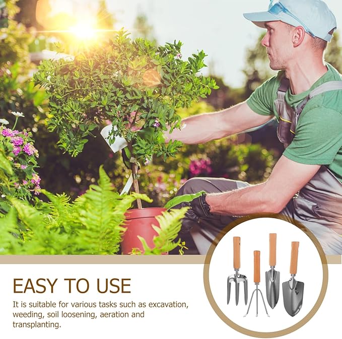 Kisangel 4pcs Garden Tool Set with Wooden Handles – Hand Rake Wide Trowel Pointed Shovel and 3-Prong Cultivator for Planting and Gardening Tasks