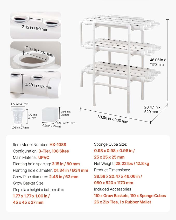 VEVOR Hydroponics Growing System Kit 3-Tier 108 Sites UPVC Pipe Hydroponic Grow Kit with Timed Irrigation Sun &amp Light Blocking Pipes Indoor Home Garden Vegetable Planting Grow Kits for Fruit He