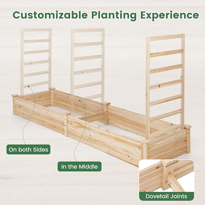 Giantex Raised Garden Bed with Trellis 93 L x 25 W x 40 H Wood Planter Box for Vegetables Flowers Herbs Fruits Climbing Plants Cucumber Easy Assembly Outdoor Rectangular Floor Gardening Beds