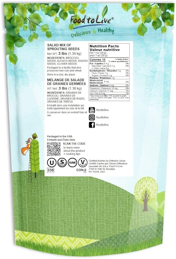 Food to Live - Salad Mix of Sprouting Seeds 3 Pounds Broccoli Clover Radish Alfalfa Kosher Raw Vegan
