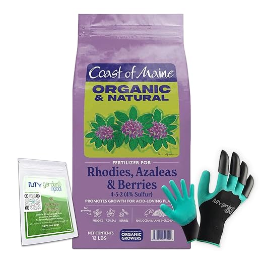 Coast of Maine RH6501 Rhody Azalea &amp Berries Plant Food 12 LB – Organic Fertilizer for Acid-Loving Plants with My Garden Pool Soil Test Strips &amp Gardening Claw Gloves