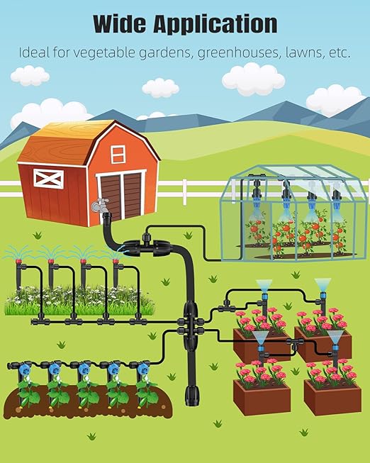 Pawfly 250 ft Drip Irrigation System Quick-Connect Drip Irrigation Kit with 50ft 1/2 &amp 200ft 1/4 Tubing and Accessories Garden Watering System for GreenhouseYardsLawnRaised Bed